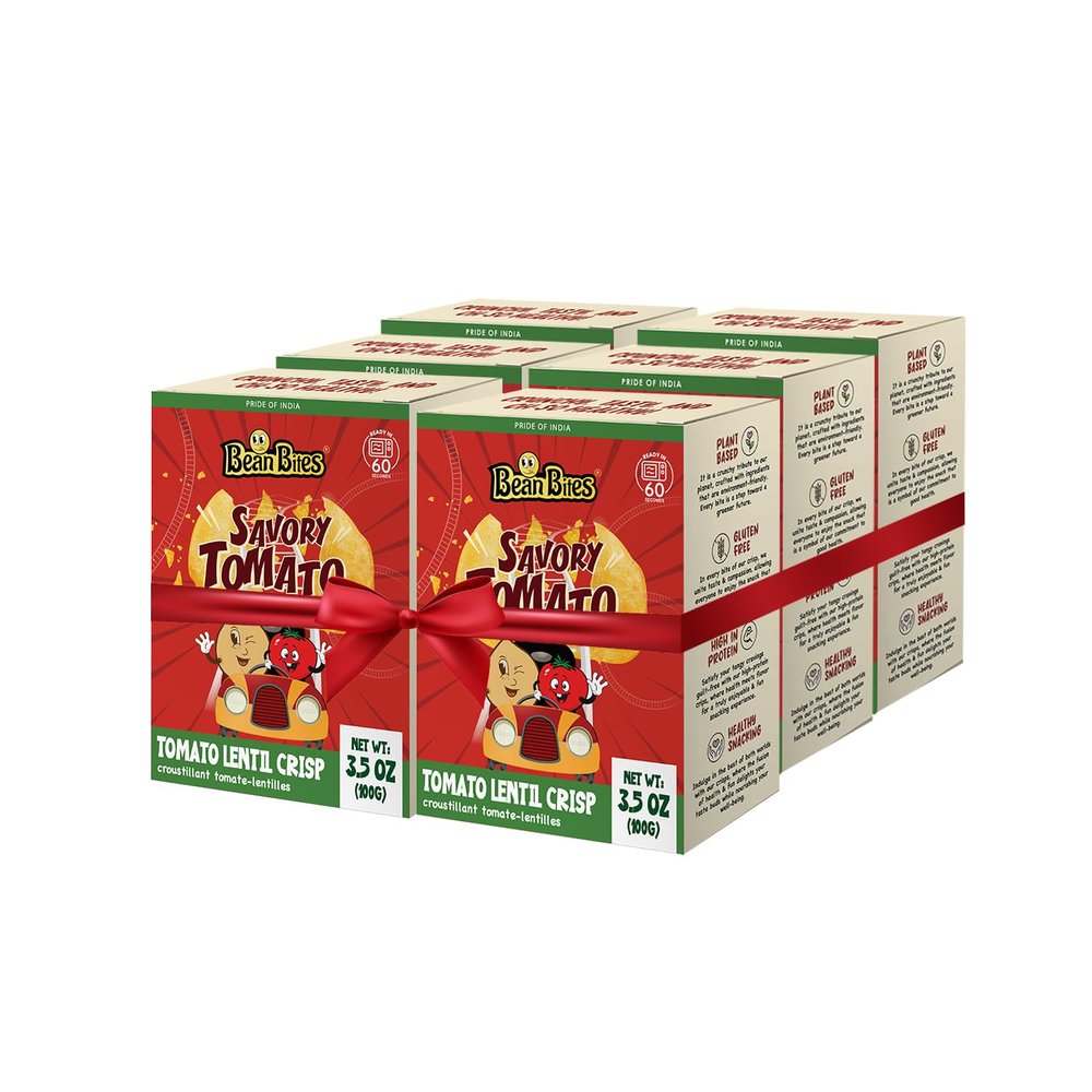 Bean Bites | Savory Tomato Lentil Crisp 3.53 oz (100 g) PACK of 6 | Mini Poppadom Snack | Round Crunchy Crisps | Tangy Flavor | Heat in Oven (60 secs) | Plant Based Protein by Pride of India