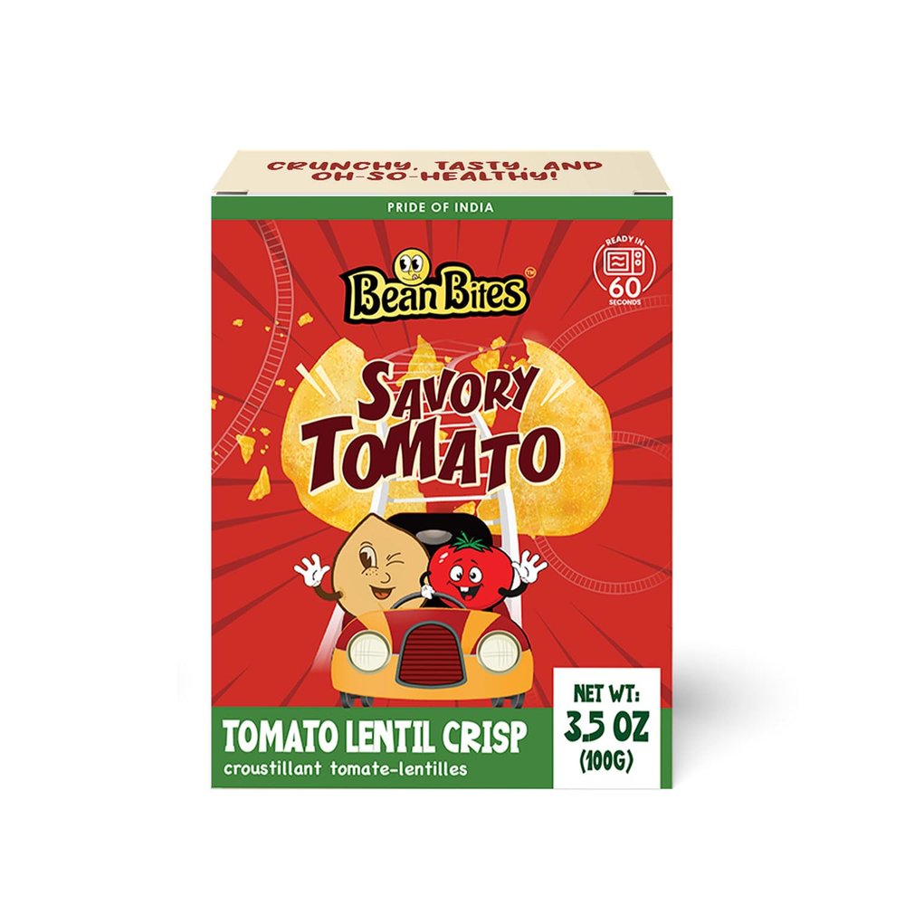 Bean Bites | Savory Tomato Lentil Crisp 3.53 oz (100 g) | Mini Poppadom Snack | Round Crunchy Crisps | Tangy Flavor | Heat in Oven (60 secs) | Plant Based Protein by Pride of India