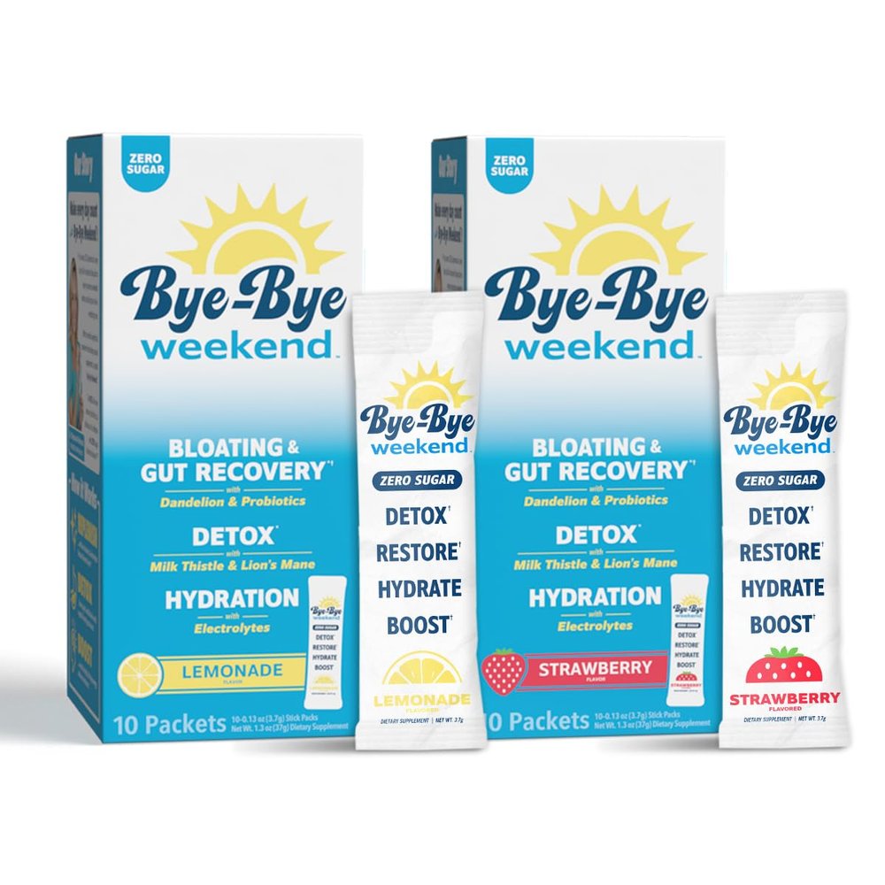 Bye-Bye Weekend Detox Drink Mix w/Electrolytes - for Bloating, Recovery, Fatigue, Brain Fog - Probiotics, Lions Mane, Milk Thistle - Zero Sugar Variety Pack - 20 Pack