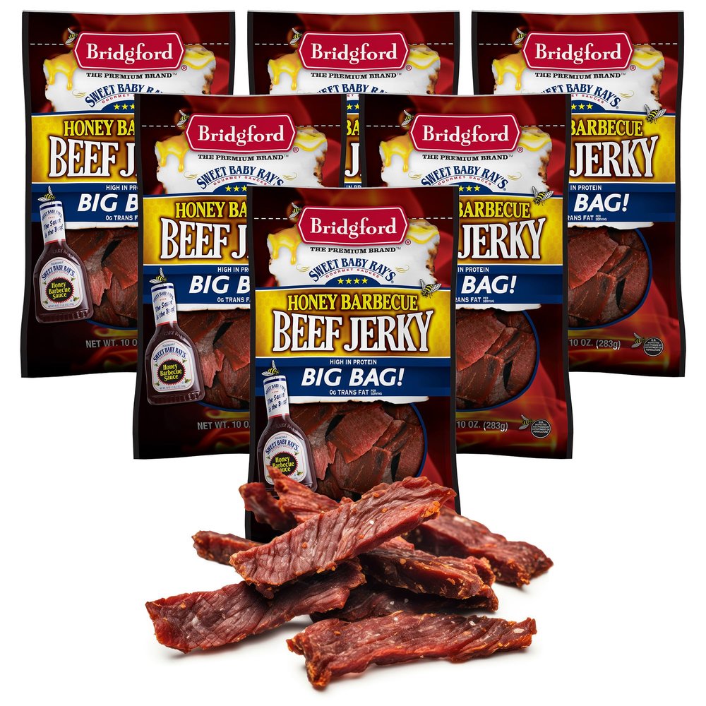 Bridgford Sweet Baby Ray's Beef Jerky Honey BBQ 10 oz Pack of 6 - High Protein Jerky for Midday Energy Boost or Post Workout Snack - Naturally Smoked Ready to Eat Meat Snacks for on the Go Snacking