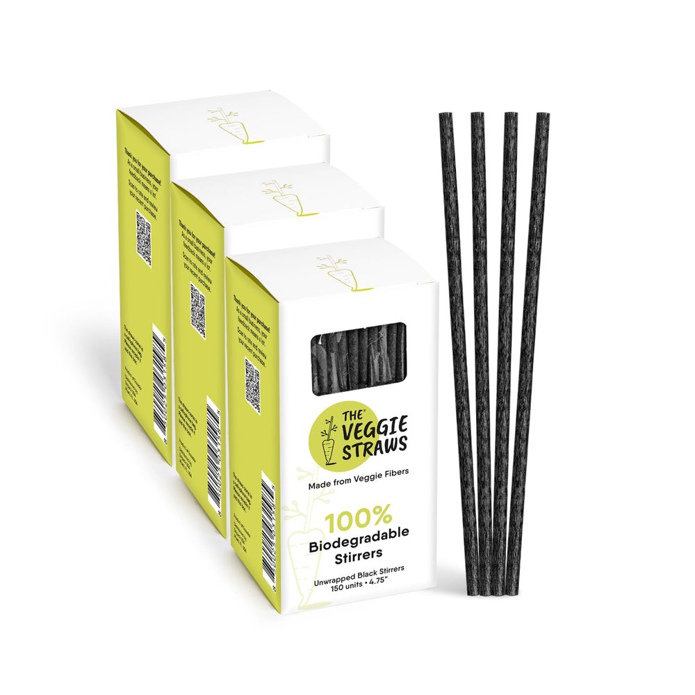 The Veggie Straws  450 PCS of 4.75 Inches Unwrapped Black Biodegradable Drink Stirrers  Made of Vegetable Fibers, Best Cocktail Stirrers for Drinks of All Kinds