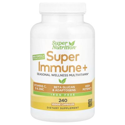 SuperNutrition Super Immune+ Multivitamin with Vitamin C, Vitamin D, and Beta Glucan, Iron Free, 240 Veggie Capsules