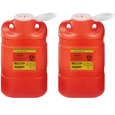 AmeriCan Goods Multi-Use 8.2qt Plastic Bio Hazard Sharps & Overfillings Collector Container with One-Way Funnel, Red (2)