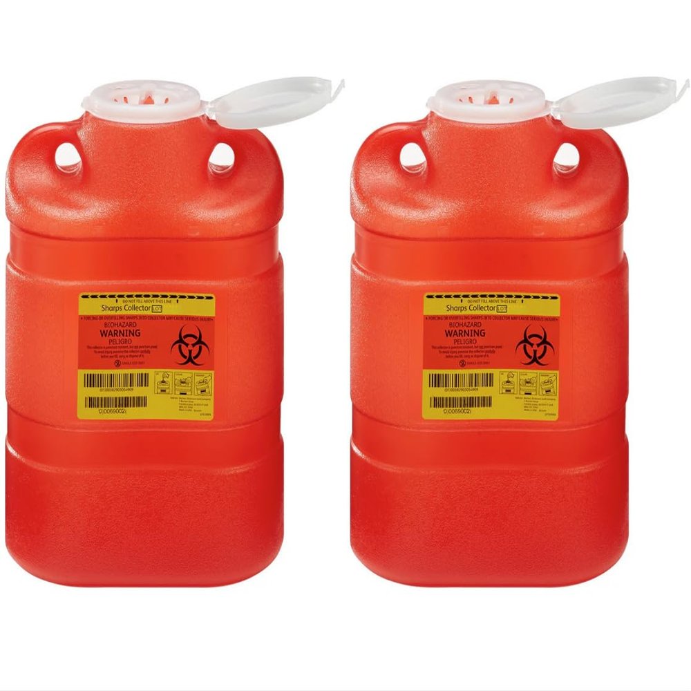 AmeriCan Goods Multi-Use 8.2qt Plastic Bio Hazard Sharps & Overfillings Collector Container with One-Way Funnel, Red (2)