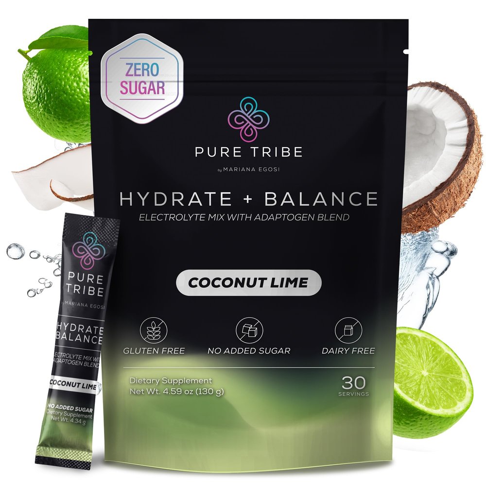 PURE TRIBE Instant Hydration Electrolytes Powder Packets with Magnesium & Salt Zero Sugar Hydration Packets with 6 B Vitamins & Adaptogens Coconut Lime Electrolyte Drink Mix 30 Servings