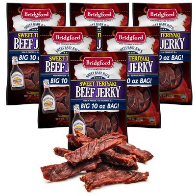 Bridgford Sweet Baby Ray's Beef Jerky Sweet Teriyaki 10 oz Pack of 6 - High Protein Beef Jerky for Low Carb and High Protein Diets - Ready-to-Eat Snacks for on the Go Snacking and Busy Lifestyles
