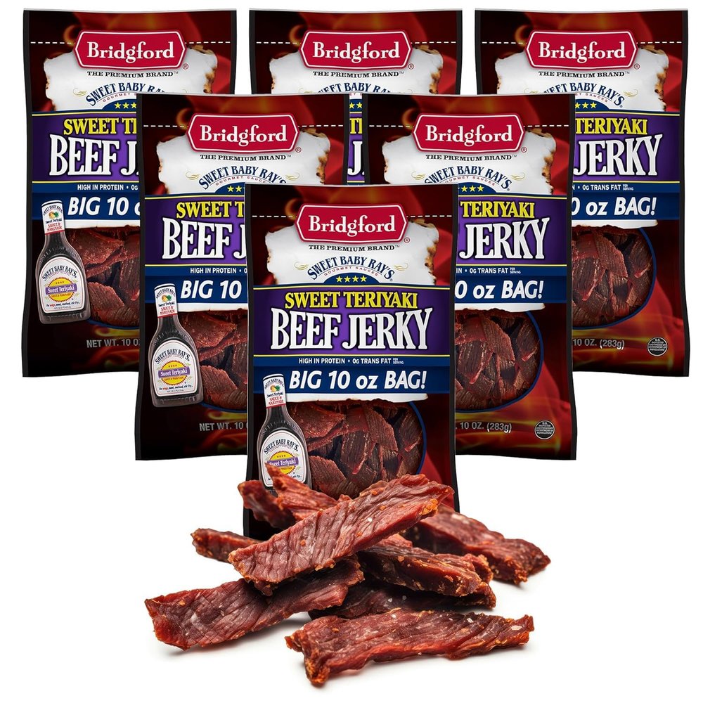 Bridgford Sweet Baby Ray's Beef Jerky Sweet Teriyaki 10 oz Pack of 6 - High Protein Beef Jerky for Low Carb and High Protein Diets - Ready-to-Eat Snacks for on the Go Snacking and Busy Lifestyles
