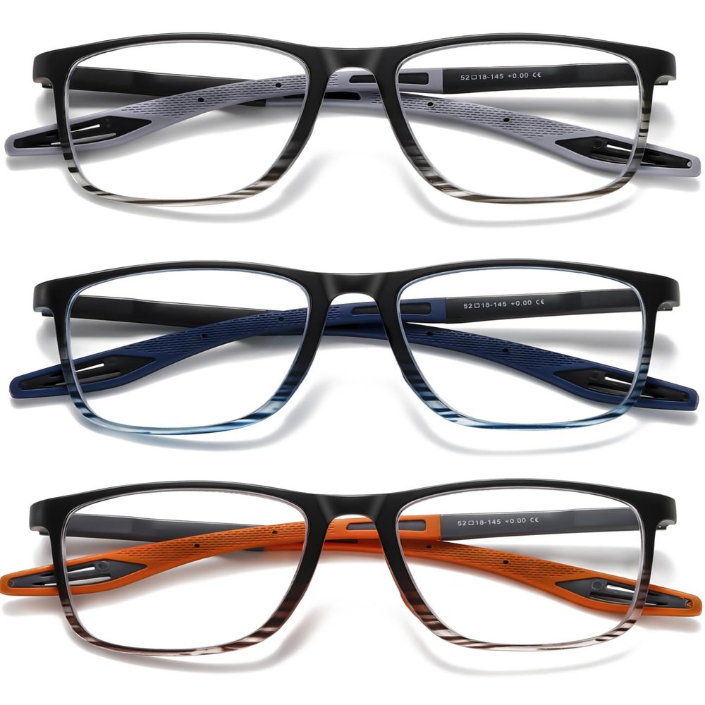 Hubeye TR90 Sports Reading Glasses for Men and Women Ultralight Flexible Anti-Blue Light ReadersStriped Black+Striped Blue+Striped Orange+2.0