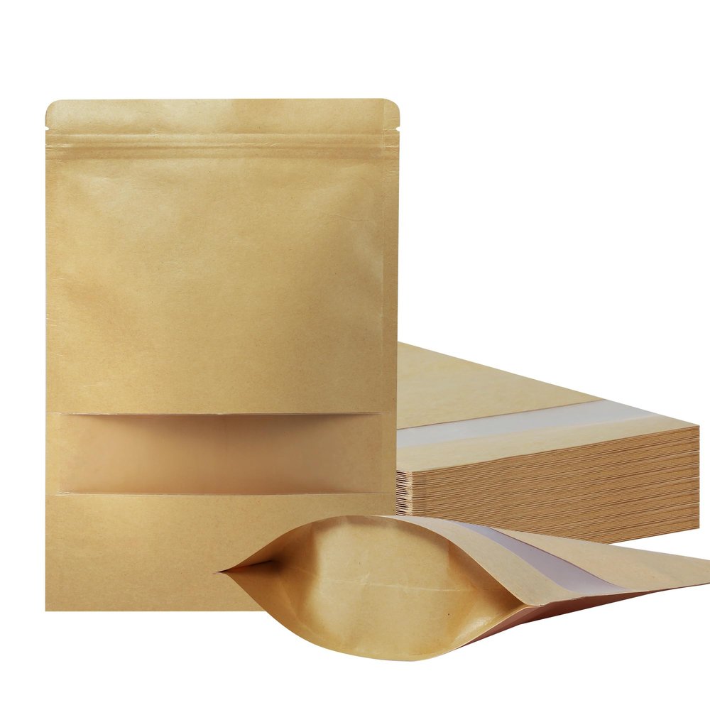 100 Pack Stand Up Pouch Bags, Kraft Pouch with Tear Notch and Matte Window, Resealable Zip Lock Food Storage Bag (Paper bags, 6.7 * 9.8 inch)