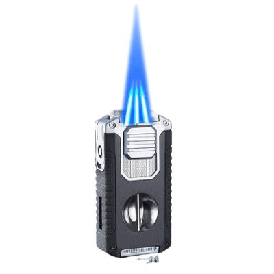 Metal Butane Lighter, Windproof Three-Jet Flame Lighter, Multi-Function Transparent air Window Lighter, Adjustable Flame Lighter, Suitable for Outdoor, Camping, etc.(Black)