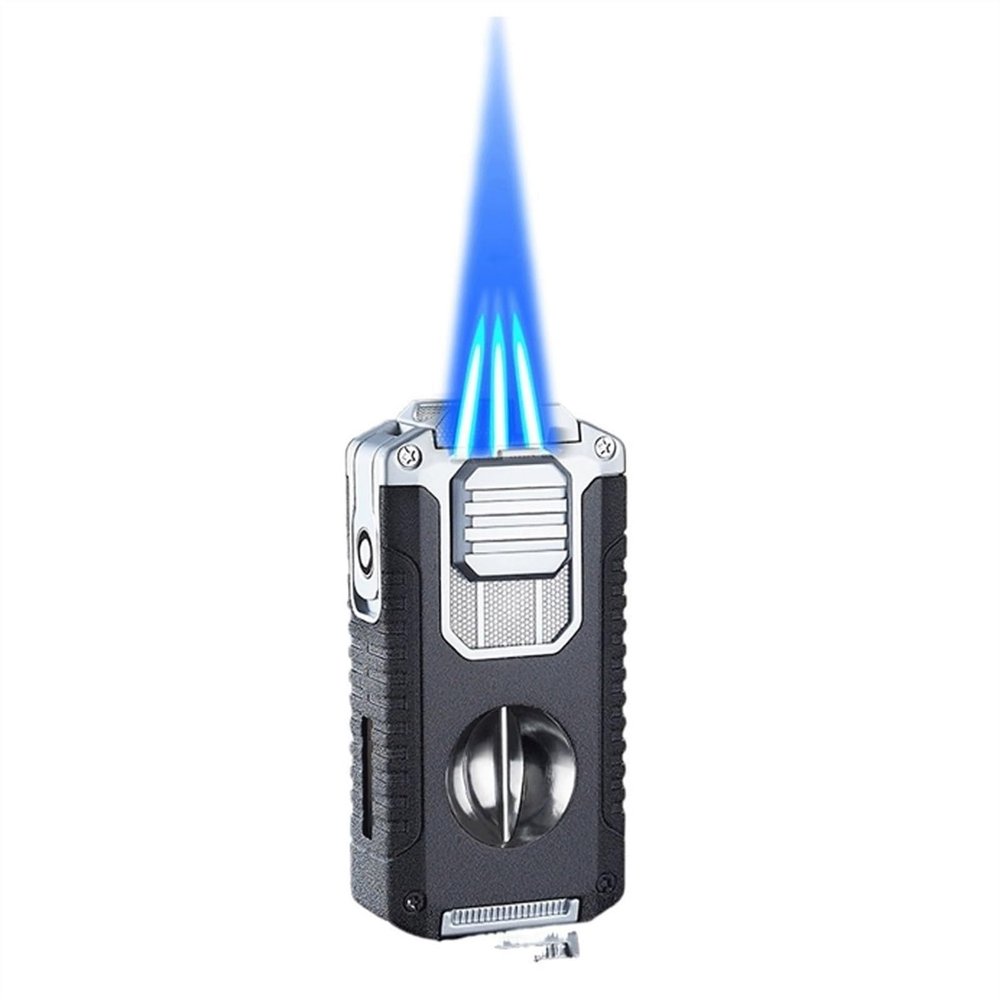 Metal Butane Lighter, Windproof Three-Jet Flame Lighter, Multi-Function Transparent air Window Lighter, Adjustable Flame Lighter, Suitable for Outdoor, Camping, etc.(Black)