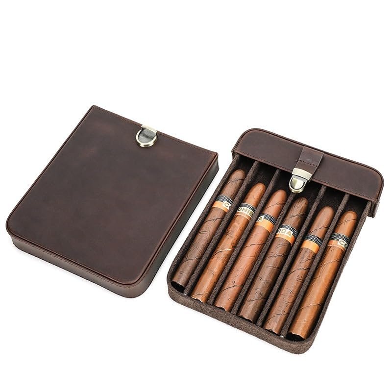 Cigar Humidor, Crazy Horse Cowhide Cigar Box, Portable Small Cigar Box, Can Hold 6 Cigars, Lock Drawer Cigar Humidor, for Travel, Business Trip, Outing