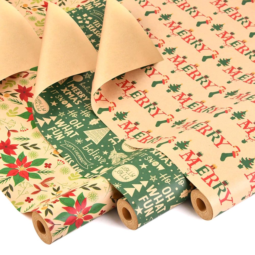 AhfuLife 3 Rolls Christmas Wrapping Paper - 17 Inch  32.8 Feet Per Roll, Recyclable Kraft Xmas Wrapping Paper Roll - Green Leaves Design for Kids Christmas Gift Box Birthday Party Decoration
