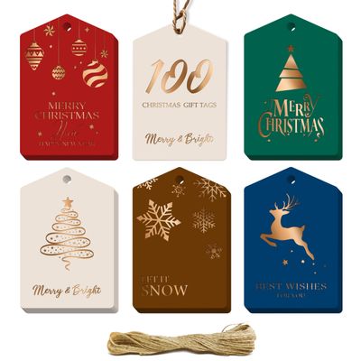 100 PCS Christmas Gift Tags, Gold Foil Design Gift Wrap Tags with 33 Feet Rope, Xmas Holiday Name Tag Labels for DIY Arts Crafts Packaging, Xmas Presents, Winter Party Decoration