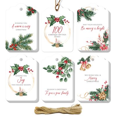 100 PCS Christmas Gift Tags, Gift Wrap Tags with 33 Feet Rope, Xmas Holiday Name Tag Labels for DIY Arts Crafts Packaging, Xmas Presents, Winter Party Decoration