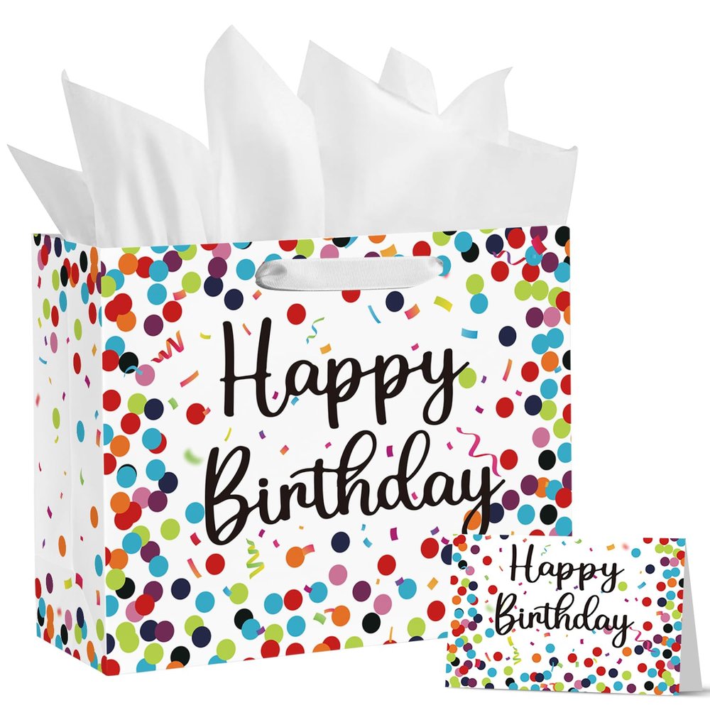 Horaldaily 13" Large Birthday Gift Paper Bags with Tissue Paper and Card, Happy Birthday Dots Streamers Gift Paper Bag for Men Women Kids Birthday,1Pcs