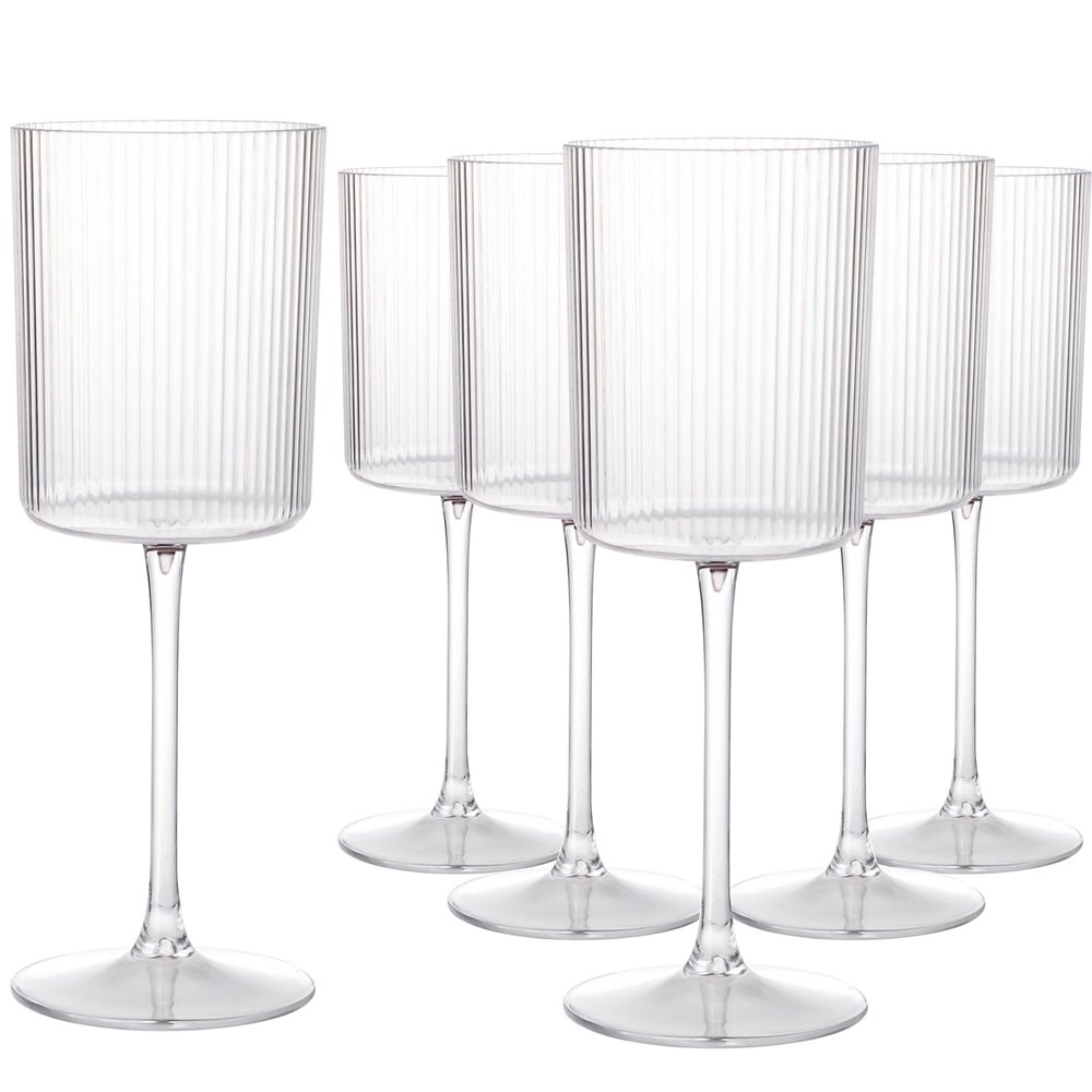 Ciaell 12 PCS Plastic Ribbed Wine Glasses - 10 OZ Plastic Square Wine Glasses with Stem - Disposable Champagne Cups for Parties & Weddings & Party