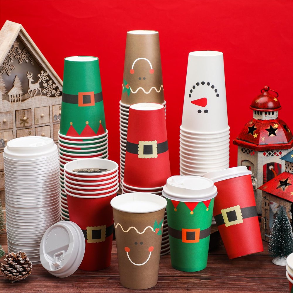 Dandat 16 oz 48 Pcs Christmas Coffee Paper Cups with Lids Disposable Christmas Paper Cups for Hot Cocoa Tea Beverage Holiday Xmas Party Supplies