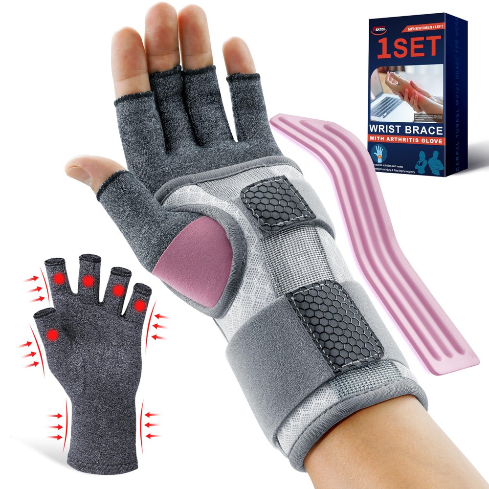 FEATOL Compression Arthritis Glove with Wrist Brace, Comfortable Fingerless Carpal Tunnel Hand Gloves for Women Night Support, Pain Relief for Rheumatoid Arthritis, Work, Typing - Left Hand, Large