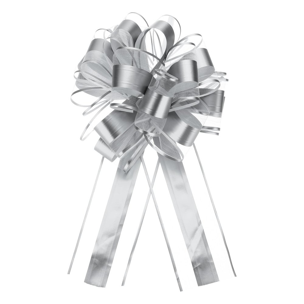 uxcell 12pcs 11 Inch Extra Large Pull Bow Metallic Gift Wrapping Bows Ribbon Organza Silver for Wedding Baskets Presents Christmas Party