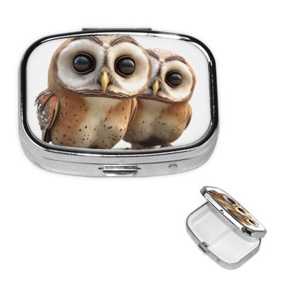 Square Pill Box Funny Owl Pill Case 2 Compartment for Purse Cute Metal Pill Organizer Portable Travel Pillbox Mini Small Pill Container Holder to Hold Vitamins Fish Oil Supplements