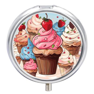 Round Pill Box 3 Compartment Cupcakes and Ice Cream Pill Case for Purse Pocket Portable Travel Pill Organizer Medicine Storage Box Small Metal Pill Container Holder to Hold Vitamins Fish Oil