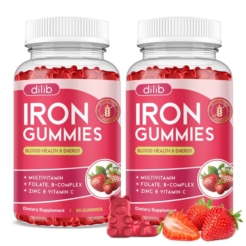 2 Pack Iron Gummies with Multivitamin, Iron Supplement for Women & Men with Zinc, Vitamin B Complex & C, B12, Folate - Blood Builder & Energy Support for Adults & Kids - Strawberry Flavor, Vegan 120ct