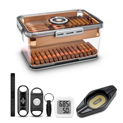 Cigar Humidor Set with Hygrometer and Humidifier, Cigar Box Includes 2 Cigar Cutters, Ashtray, Punch, Desktop Humidor up to 100 Cigars, Cigar Gifts for Men (Clear)