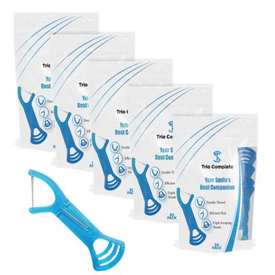 3-in-1 Complete Dental Care Set (5 Pack - 250 Count): Double Thread Floss Picks, Toothpicks, and Tongue Scraper - Your Oral Hygiene Solution with Disposable Floss Sticks for On The Go or Travel
