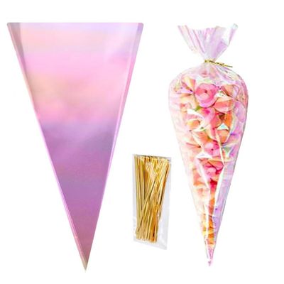 MAOUYWIEE 50 Pieces Cellophane Treat Bags,50 Pieces Iridescent Holographic Cellophane Goody Bags with Twist Ties for Candy, Cake Pops, FavorsBirthdayParty Favors, Valentines, Easter 5.1x9.8 inches