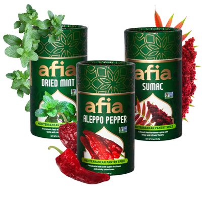 Afia Mediterranean Pantry Spices Gift Set | Aleppo Pepper, Dried Mint & Sumac | Seasoning Set for Steak, Chicken, Vegetables & BBQ Rub (Pack of 3)