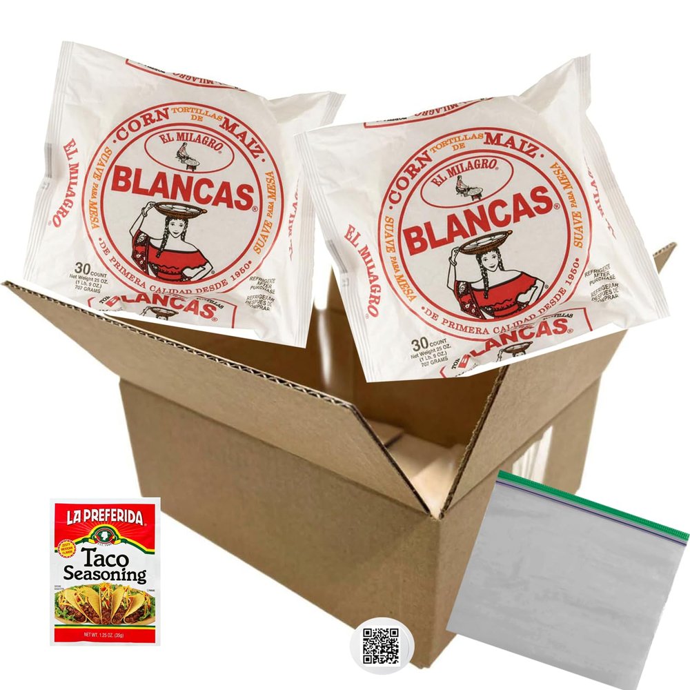 VentasBox El Milagro White Corn Maize Blanca Tortillas, 60 Count (2 Packs of 30), Authentic Mexican, include 1.5oz Taco Seasoning, 2 Zipper Bags, and Re-order QR Code Refrigerator Magnet