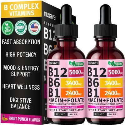 (2 Pack) Vitamin B12 and B6 Liquid Drops, B12 Sublingual Vitamin B Complex - B 12 Vitamin 5000mcg - B12 Methylcobalamin for Energy, Brain, and Heart Support with 27,200 mcg, Fruit Punch, 80 Servings