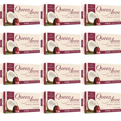Queen Anne Dark Chocolate Coconut Covered Cordial Cherries | 6.6 oz (Pack of 12) | 10 Piece Gift Boxes | Whole Maraschino Cherry Creamy Filled Liquid Center | Holiday Party Chocolate Candy