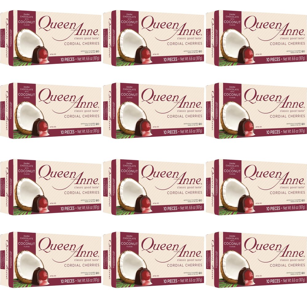 Queen Anne Dark Chocolate Coconut Covered Cordial Cherries | 6.6 oz (Pack of 12) | 10 Piece Gift Boxes | Whole Maraschino Cherry Creamy Filled Liquid Center | Holiday Party Chocolate Candy