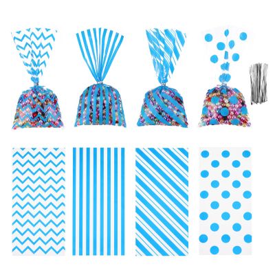 uxcell 100Pcs 11"x5" Treat Bags with 100 Silvery Ribbons Rectangle Gift Bags 4 Patterns OPP Material for Small Gift Party Favors, Cookie, Candy, Popcorn, Blue