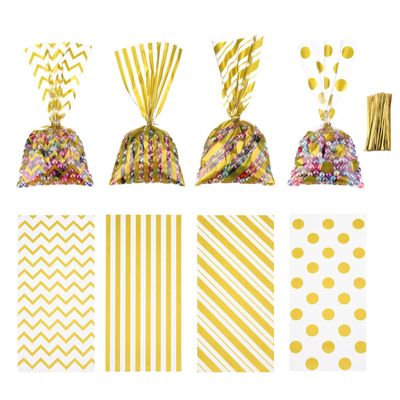 uxcell 100Pcs 11"x5" Treat Bags with 100 Golden Ribbons Rectangle Gift Bags 4 Patterns OPP Material for Small Gift Party Favors, Cookie, Candy, Popcorn, Golden
