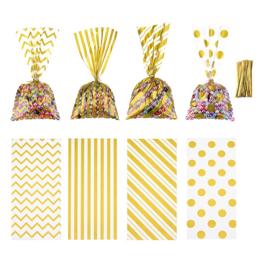 uxcell 100Pcs 11"x5" Treat Bags with 100 Golden Ribbons Rectangle Gift Bags 4 Patterns OPP Material for Small Gift Party Favors, Cookie, Candy, Popcorn, Golden