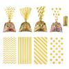 uxcell 100Pcs 11"x5" Treat Bags with 100 Golden Ribbons Rectangle Gift Bags 4 Patterns OPP Material for Small Gift Party Favors, Cookie, Candy, Popcorn, Golden view 1