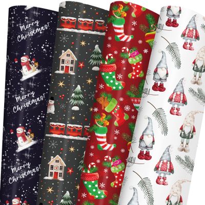 GIOLNIAY Christmas Wrapping Paper for Kids Boys Girls - Holiday Wrapping Paper Bundle with Gnomes, Red Stockings, Santa, Xmas Train Designs - 6 Jumbo Sheets (28 x 40 inches), Easy to Store