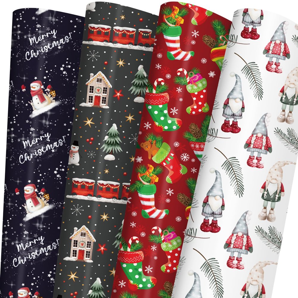 GIOLNIAY Christmas Wrapping Paper for Kids Boys Girls - Holiday Wrapping Paper Bundle with Gnomes, Red Stockings, Santa, Xmas Train Designs - 6 Jumbo Sheets (28 x 40 inches), Easy to Store