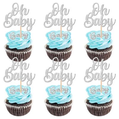 24 PCS Baby Shower Cupcake Toppers Glitter Oh Baby Cupcake Picks Baptism New Baby Cupacke Decorations for Gender Reveal Baby Shower Kids Birthday Party Cupcake Decorations Supplies Silver