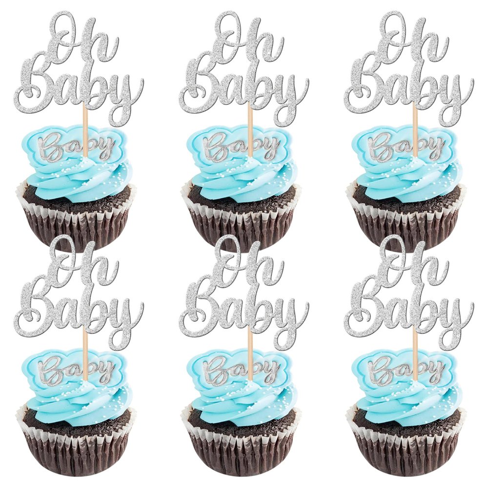 24 PCS Baby Shower Cupcake Toppers Glitter Oh Baby Cupcake Picks Baptism New Baby Cupacke Decorations for Gender Reveal Baby Shower Kids Birthday Party Cupcake Decorations Supplies Silver