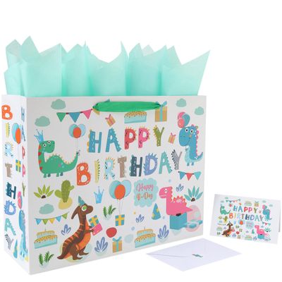 16.5 Extra Large Dinosaur Happy Birthday Gift Bag Set with Handles, Greeting Card, Tissue Papers and Stickers for 1st Birthday 2 Year Old Boys, Girls', or Kids' Party, Baby Shower, Newborn, New Moms or Parents, 1 Pcs