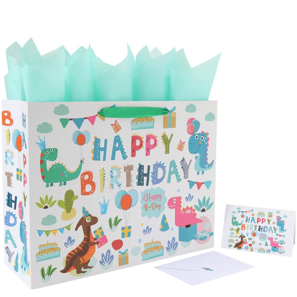16.5 Extra Large Dinosaur Happy Birthday Gift Bag Set with Handles, Greeting Card, Tissue Papers and Stickers for 1st Birthday 2 Year Old Boys, Girls', or Kids' Party, Baby Shower, Newborn, New Moms or Parents, 1 Pcs