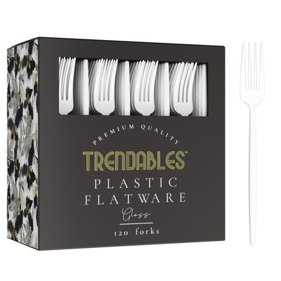 Trendables 120 Pack White Plastic Forks - 120 Count, Disposable, Fine, Gloss, Durable, Classy, Perfect for Parties
