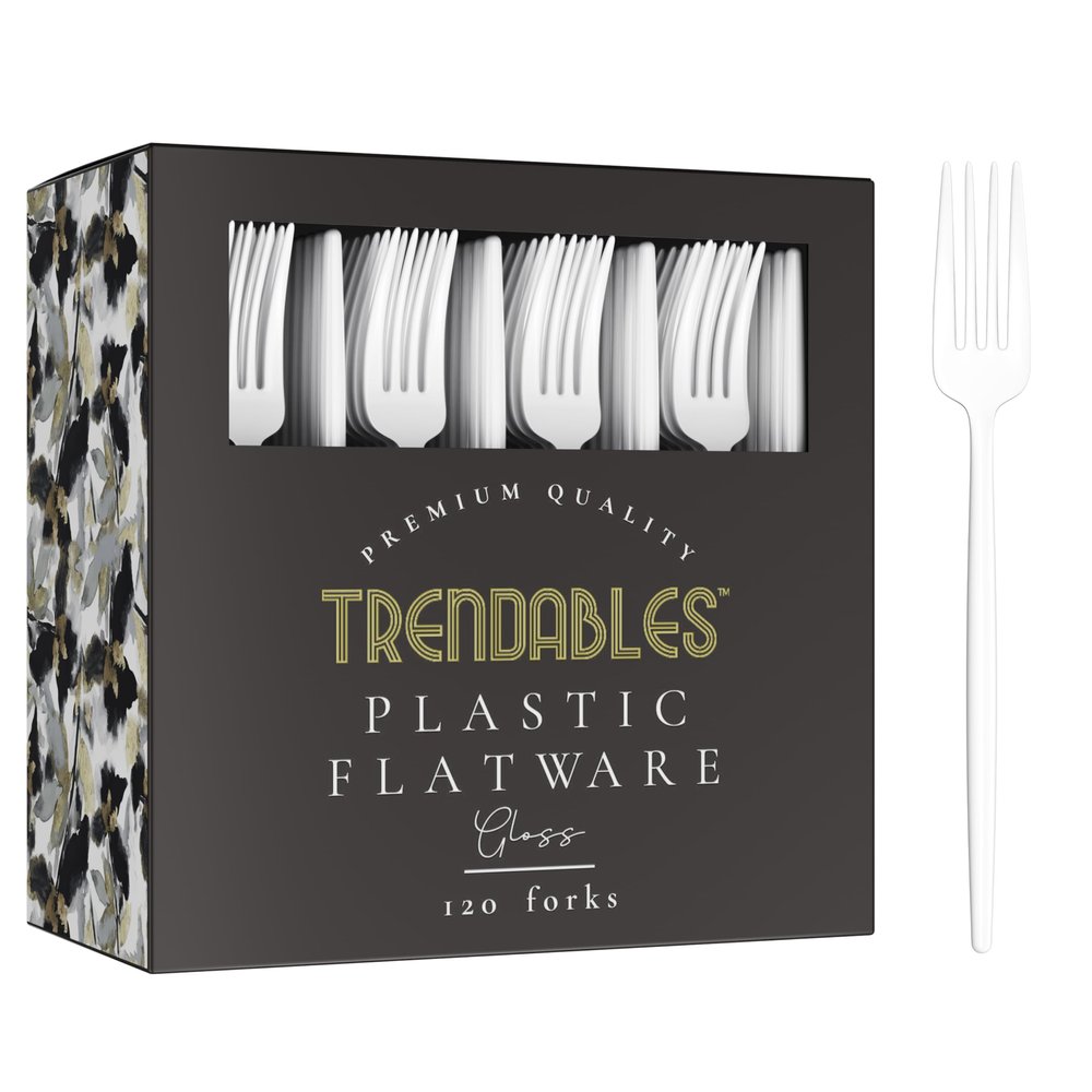 Trendables 120 Pack White Plastic Forks - 120 Count, Disposable, Fine, Gloss, Durable, Classy, Perfect for Parties