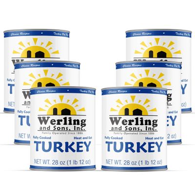 Werling & Sons Fully Cooked Canned Turkey Meat 28 Oz Heat & Eat Premium Quality Recipe Ready Canned Meat for Everyday Quick Meals, Camping, Emergency Canned Food & Survival Preparedness Pack of 6