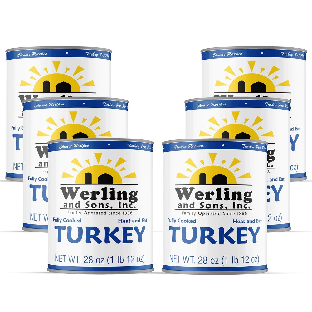 Werling & Sons Fully Cooked Canned Turkey Meat 28 Oz Heat & Eat Premium Quality Recipe Ready Canned Meat for Everyday Quick Meals, Camping, Emergency Canned Food & Survival Preparedness Pack of 6