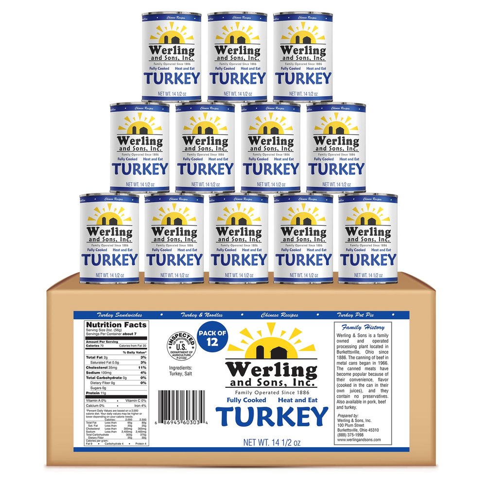 Werling & Sons Fully Cooked Canned Turkey Meat 14.5 Oz Heat & Eat Premium Quality Recipe Ready Canned Meat for Everyday Quick Meals, Camping, Emergency Canned Food & Survival Preparedness Pack of 12